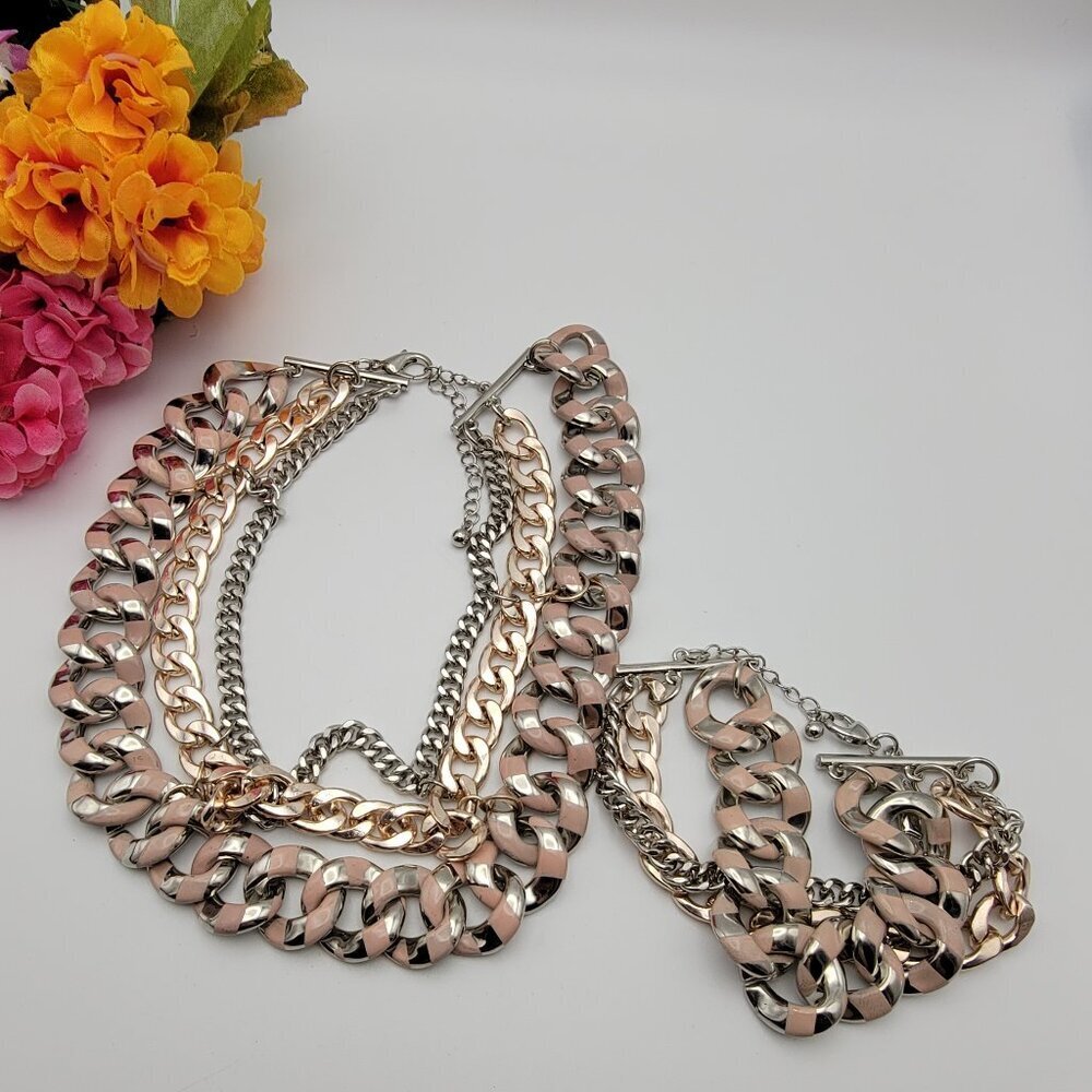 Silver/Gold Tone Pastel Pink Enamel Curb Chain Necklace And Bracelet Set 18"/9"